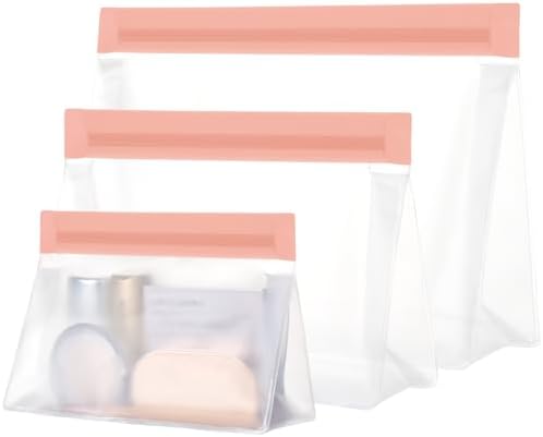 PACKISM Leak Proof Clear Travel Bags – Sealed Quart Size Travel Bag TSA Approved, Reusable Clear Makeup Bag with Flat Bottom, Food-grade PEVA, 1L+1M+1S, Pink