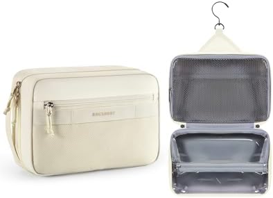 BAGSMART Toiletry Bag for Men/Women, Hanging Dopp Kit Water Resistant Shaving Bag – Large Travel Toiletry Bag with Metal Double Zipper and Handle, Beige
