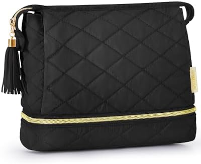 BAGSMART Makeup Bag Travel Cosmetic Bag,Puffy Make Up Bags for Women Double Layer Makeup Organizer Case,Wide-open Puffer Pouch for Purse Storage Travel Essentials Toiletries Accessories Brushes, Black