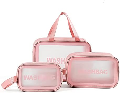 Travel Wash Toiletry Bag for Women Men, Translucent Waterproof Makeup Cosmetic Bag Travel Organizer for Accessories, Toiletries,Set of 3,Pink