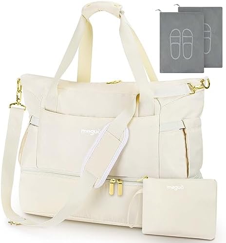 Travel Duffle Bag for Women, Weekender Bag, Gym Bag with Wet Pocket and Shoe Compartment for Overnight, Air Travel Carry on (Beige)