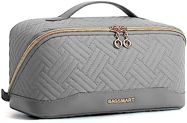 BAGSMART Makeup Bag Cosmetic Bag, Travel Makeup Bag,Water-resistent Makeup Bags for Women Portable Pouch Open Flat Make Up Organizer Case for Toiletries, Brushes, Grey