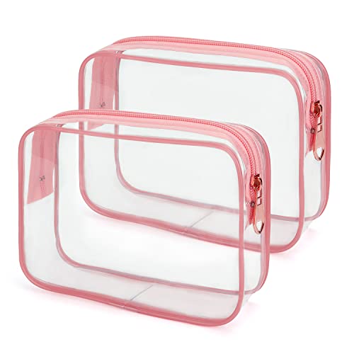 Wedama TSA Approved Toiletry Bag, Cosmetic Bags 2 Pack with Zipper Carry on Airline Airport Travel Accessories, PVC Makeup Bags for Travel, Quart Size Travel Bags for Men and Women-Pink
