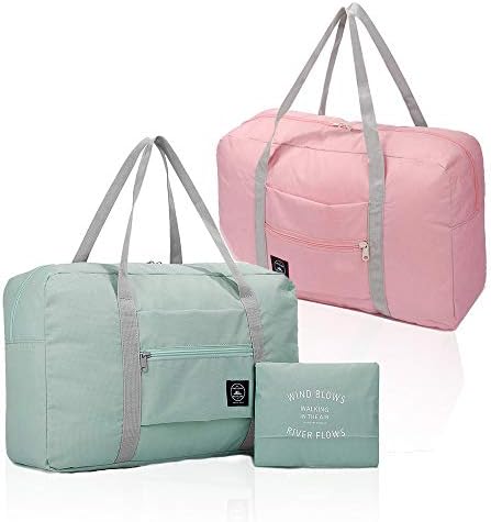 (2 Pack) Foldable Travel Duffel Bag, Waterproof Carry On Luggage Bag, Lightweight Travel Luggage Bag for Sports, Gym, Vacation (Light blue & Light pink)