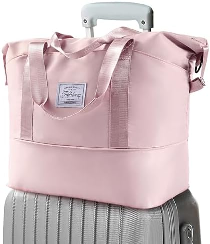Travel Duffel Bag – Large Shoulder Weekender Overnight Bag, Carry on Bag with Wet Pocket, Waterproof Expandable Duffel Bag with Trolley Sleeve, Sports Tote Gym Bag for Women, Pink
