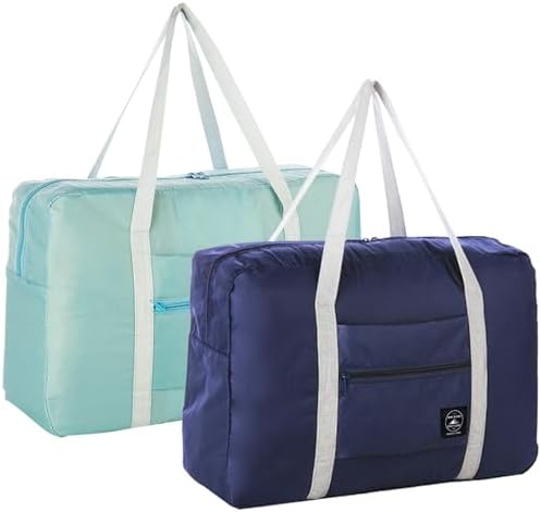 Foldable Travel Duffel Bag 2PCS Tote Carry on Luggage Bag Spirit Airlines Personal item Sports Gym Bag Water Resistant Weekender Overnight Bags for Women and Men (Green+Blue)
