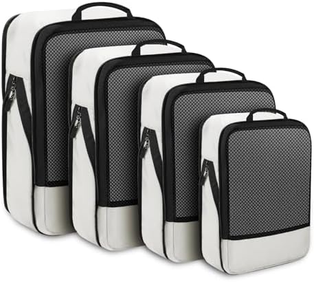 4 PCS Set Compression Packing Cubes for Travel, Lightweight Travel Packaging Organizer Bags for Carry On Space Saving, Travel Essentials Cubes for Suitcase Backpack, Beige