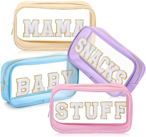 4 Pcs Mama and Baby Toiletry Bag Clear Chenille Letter Pouch Snacks Makeup Bag Stuff Travel Cosmetic Bag Preppy Transparent Bag with Zipper for Women (Beige, Light Blue, Pink and Purple)