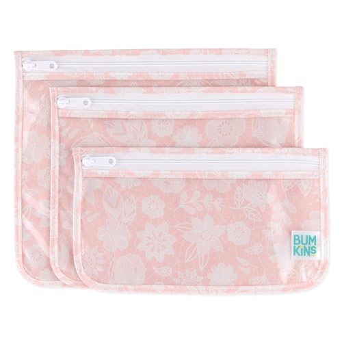 Bumkins Travel Bag, Toiletry, TSA Approved Pouch, Zip Bag, Quart Size Airline Compliant, Clear-Sided, Baby, Diaper Bag Organization, Makeup, Accessories, Packing, Set of 3 Sizes, Floral Gray