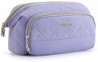 BAGSMART Makeup Bag, Travel Cosmetic Bag for purse, Make Up Brush Organizer Case for Women, Large Wide-open Portable Pouch for traveling Toiletries Accessories Brushes, Purple