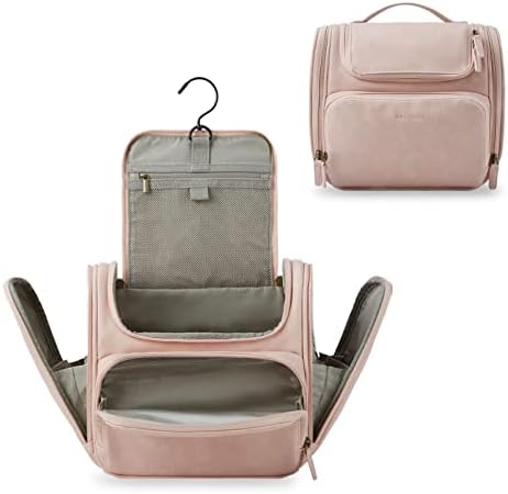 BAGSMART Travel Toiletry Bag, Leather Toiletry Bag with Hanging Hook, Water-resistant Travel Kit for Full Sized Container, Large Makeup Bag Organizer, Nude Pink