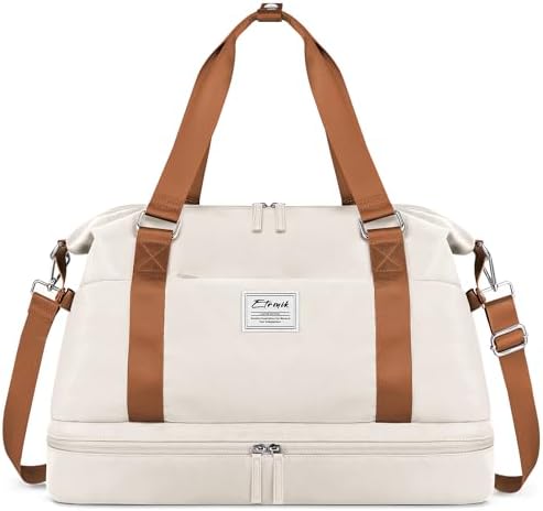 ETRONIK Weekender Bags for Women, Gym Bag with Shoes Compartment & Wet Pocket, Travel Duffel Bag with Trolley Sleeve for Personal Item Travel, Overnight Carry on Bag, Beige