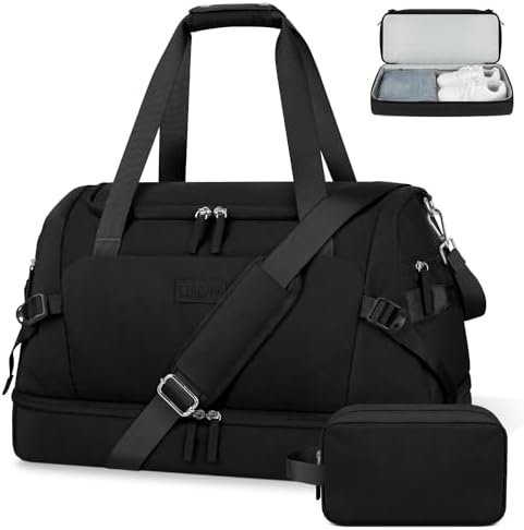 ETRONIK Weekender Bag for Men Women, Travel Duffle Bags with Wet Pocket and Shoes Compartment, Waterproof Sport Gym Bag, Lightweight Carry on Overnight Bag with Adjustable Strap for Trip,Black