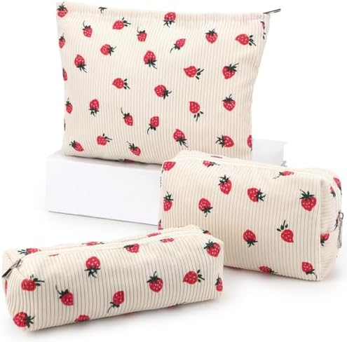 EIMMBD Makeup Bag 3 Pieces Large Capacity Checkered Cosmetic Bag Canvas Travel Toiletry Bag Organizer Cute Makeup Bag Pouch Storage Bag for Women(Beige Strawberry)