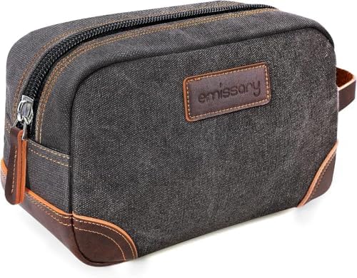 emissary Travel Toiletry Bag for Men, Leather and Canvas Toiletry Bags, Dopp Kit for Men, Travel Bathroom Bag Men’s Shaving Kit, Travel Kit Small Bag for Men, Shaving Bag for Travel Accessories (Gray)