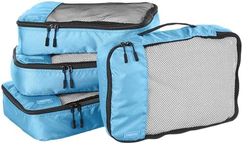 Amazon Basics 4 Piece Packing Cubes for Travel, Travel Organizer Zipper Cubes Set, Medium, Sky Blue